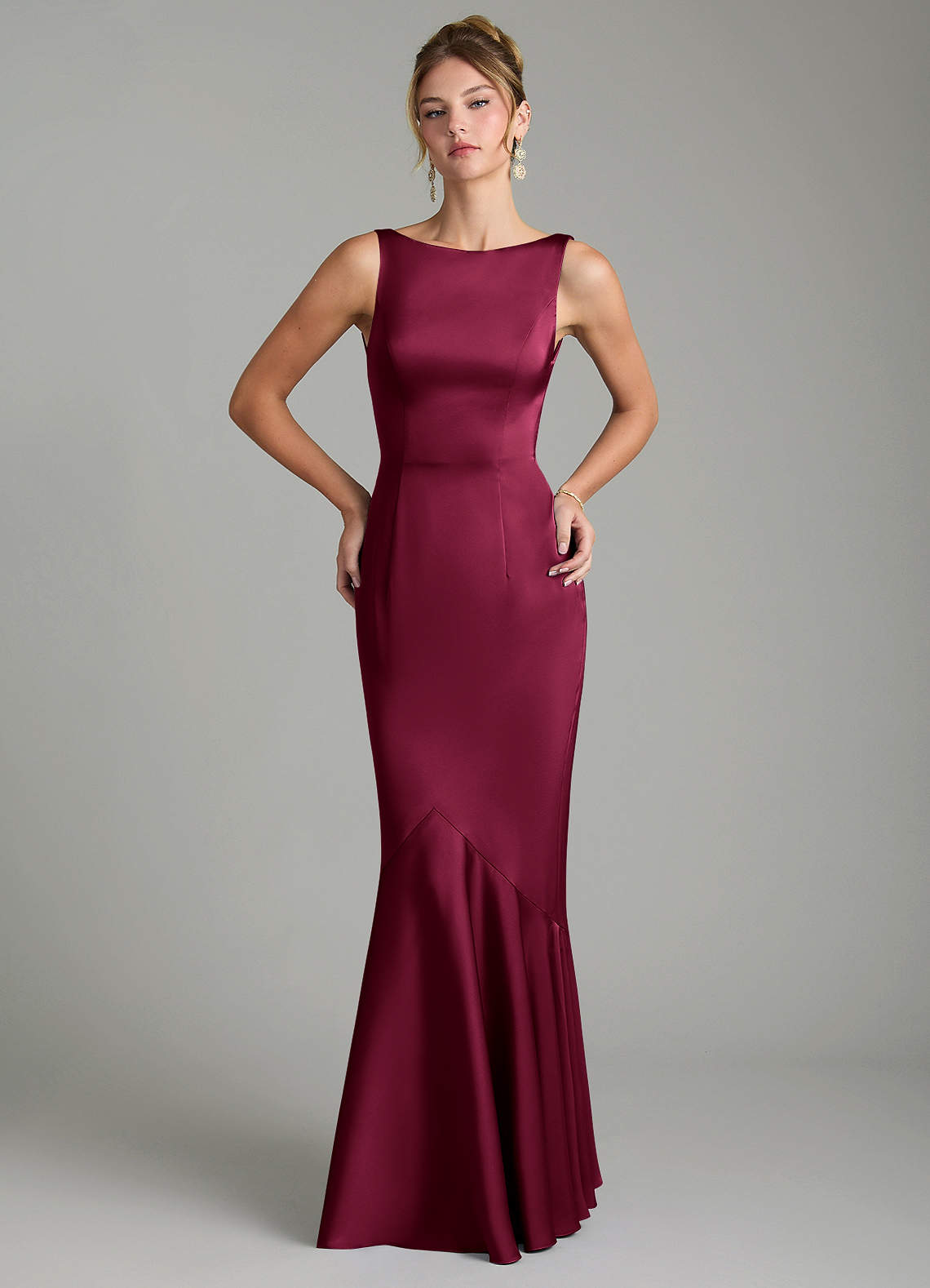 Tamera Mermaid Boat-Neck Stretch Satin and Chiffon Bridesmaid Dress in Burgundy