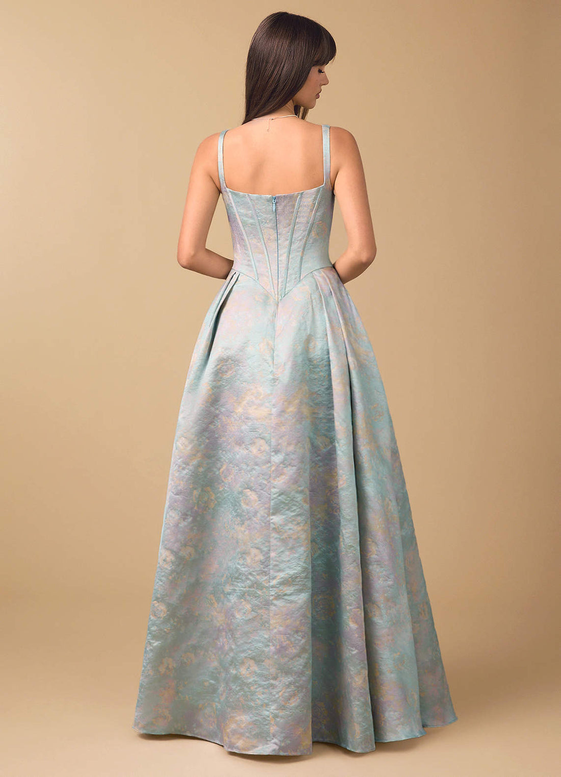 Bryn A-Line Straight-Neck Brocade Evening Dress in Powder Sky