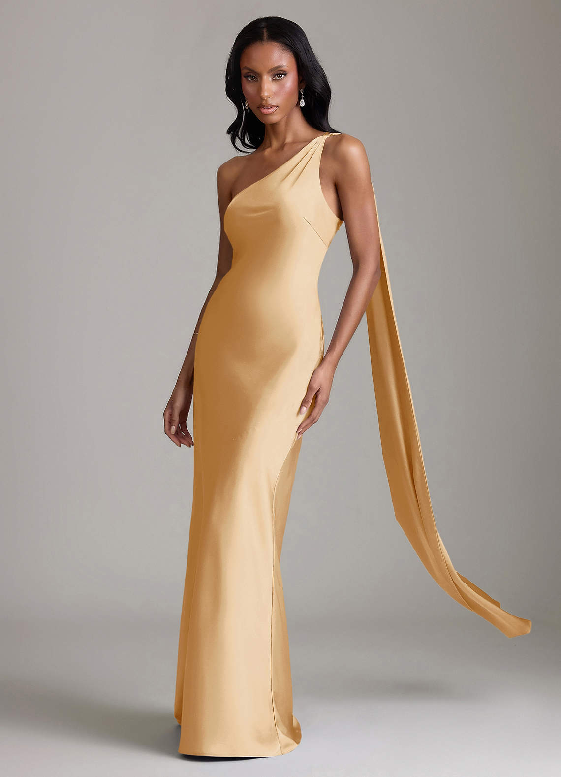 Juniper Mermaid One-Shoulder Stretch Satin Bridesmaid Dress in Gold