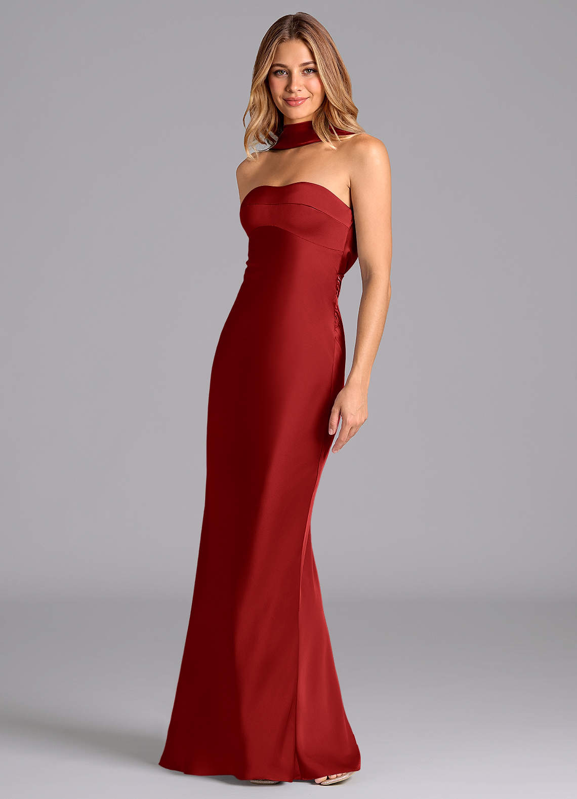 Lusinda Mermaid Strapless Stretch Satin Bridesmaid Dress in Pomegranate