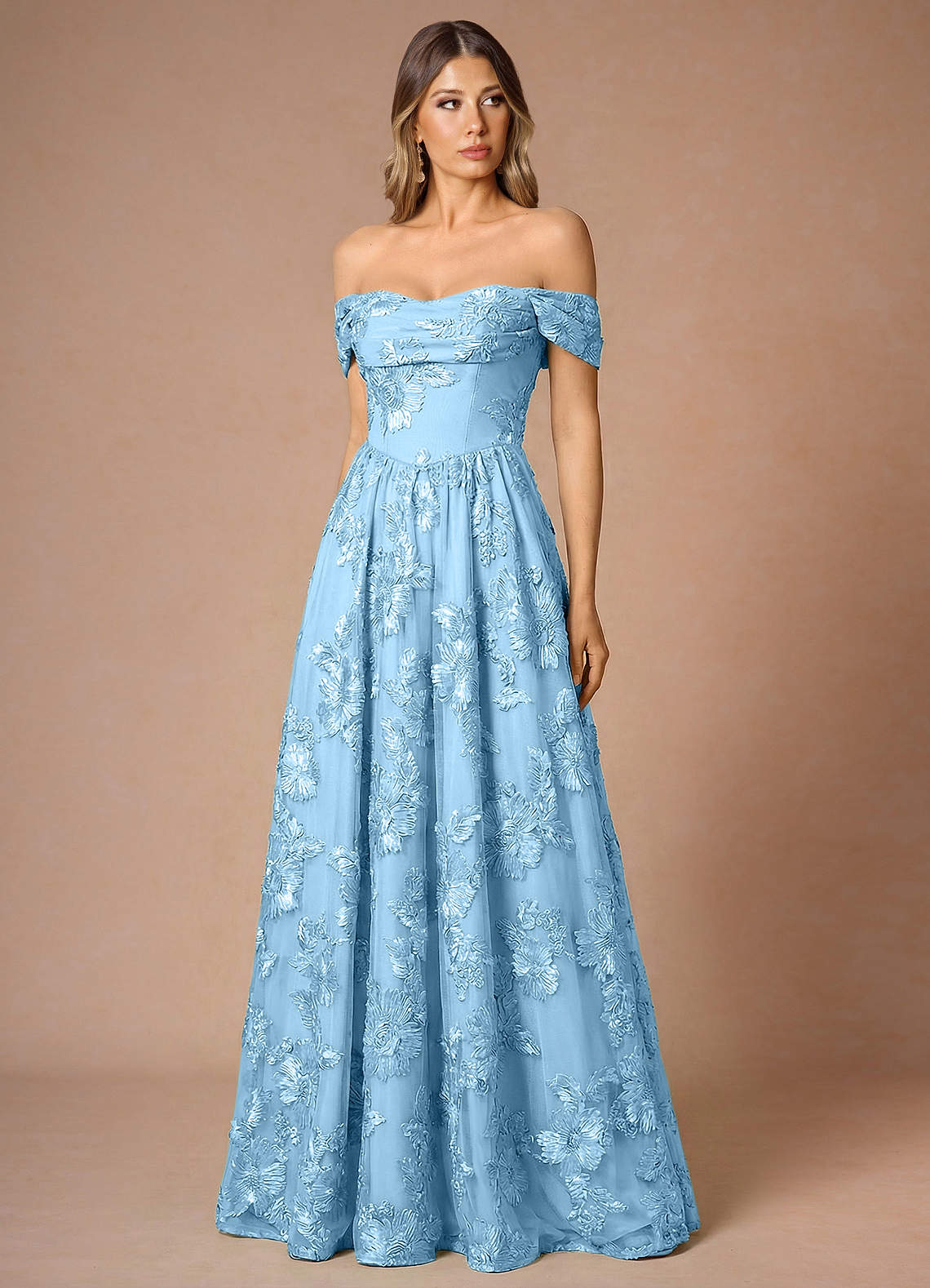 Hazel A-Line Cowl-Neck Floral Mesh Wedding Guest Dress in Sky Blue
