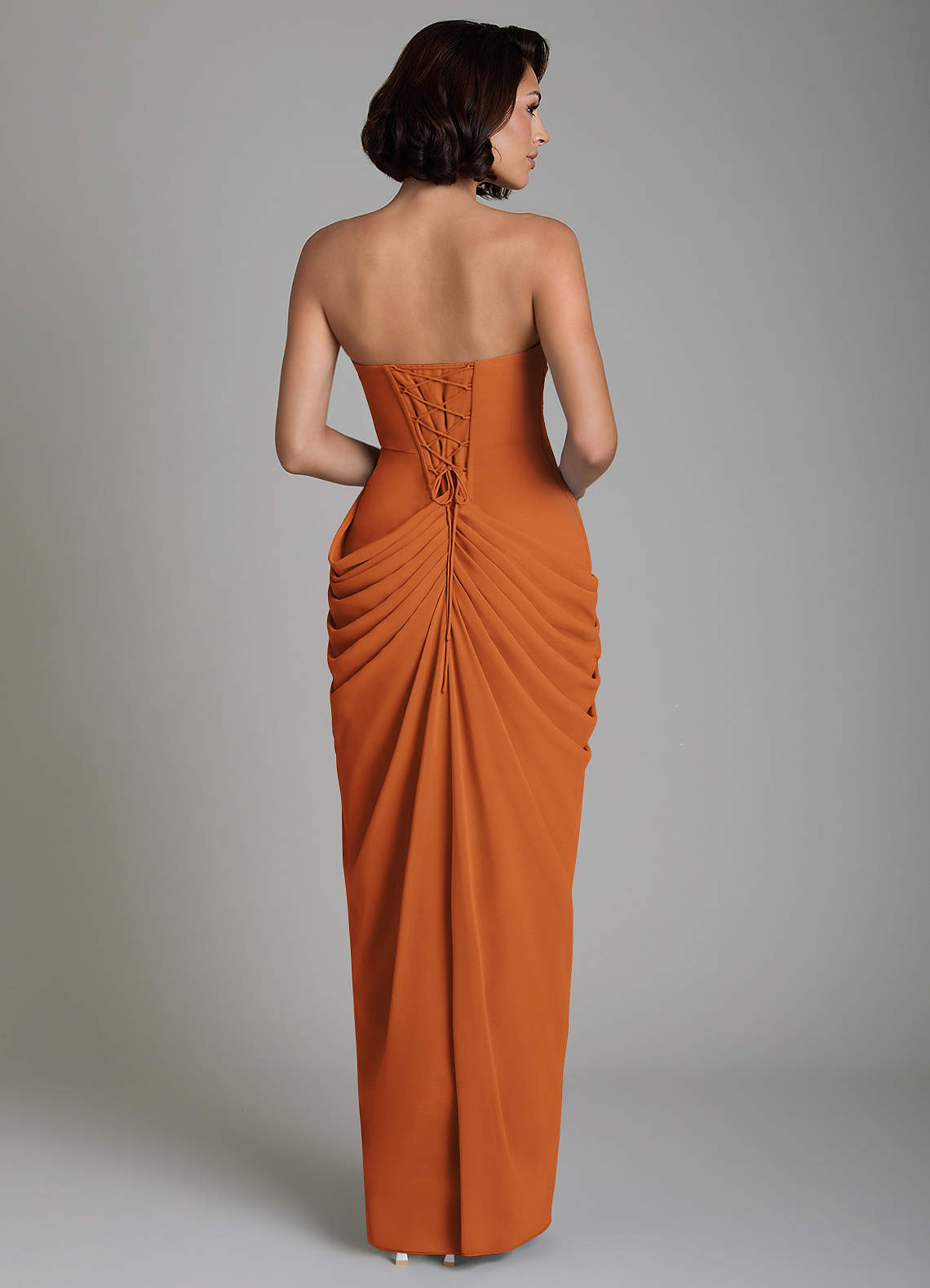 Nyra Sheath Strapless Chiffon Bridesmaid Dress in Cinnamon