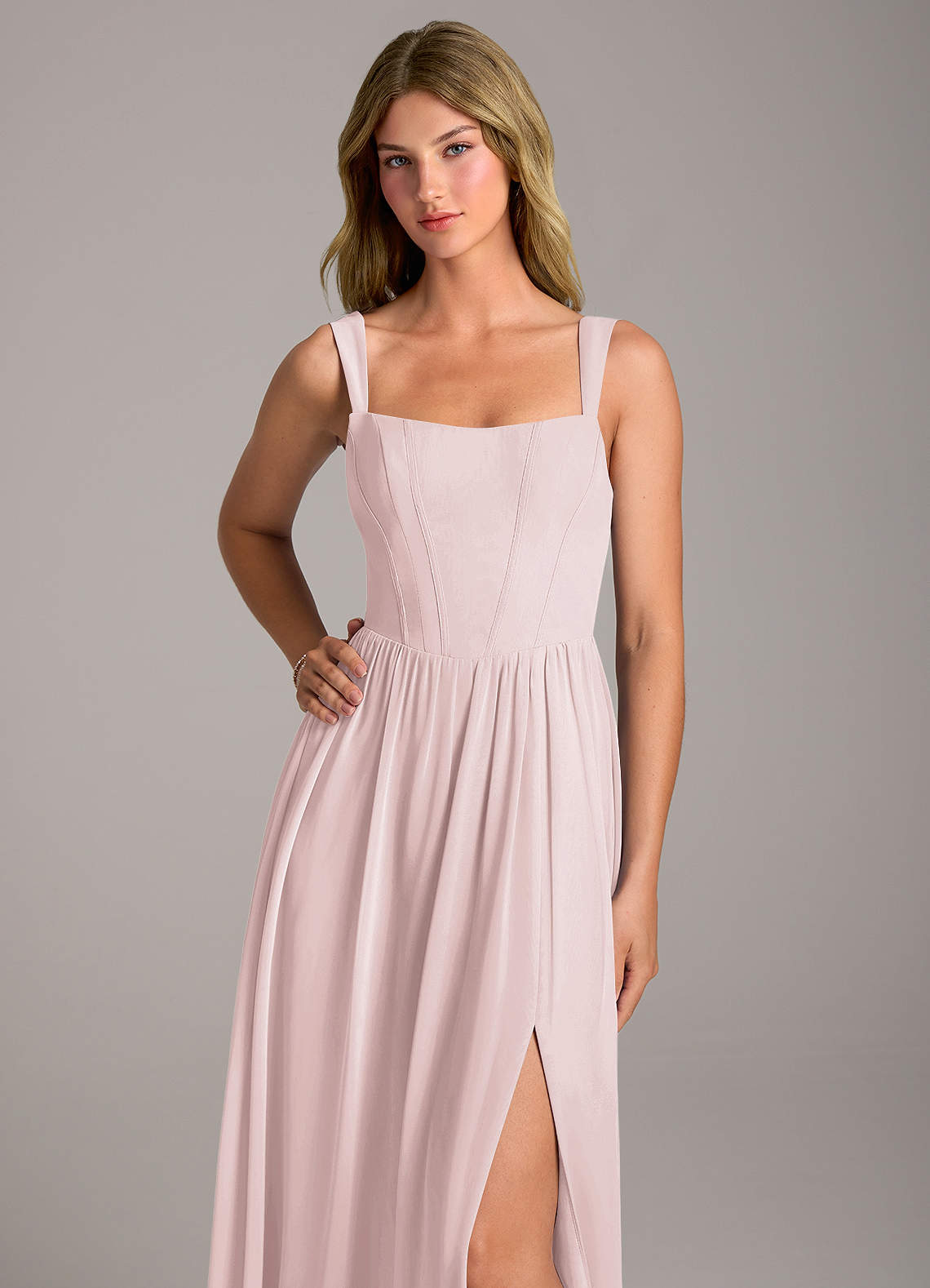 Rosaline A-Line Square-Neck Chiffon Bridesmaid Dress in Blushing Pink