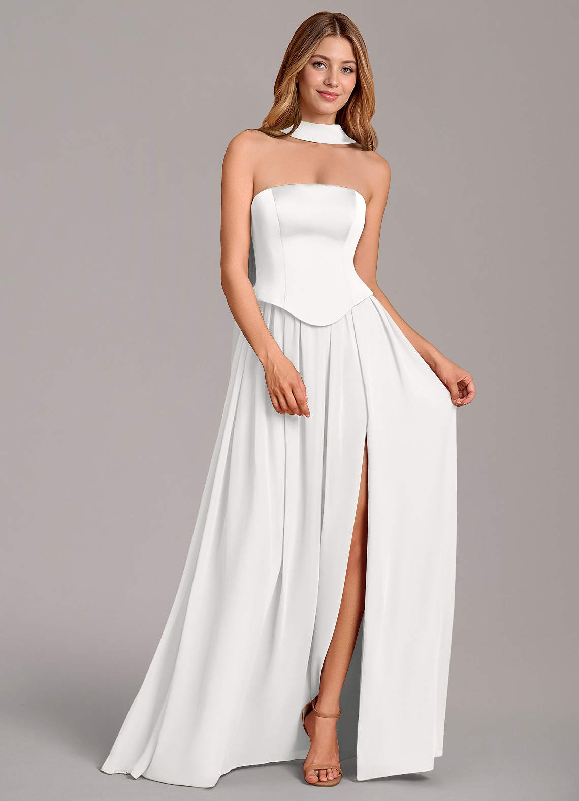 Cadence A-Line Strapless Chiffon and Stretch Satin Bridesmaid Dress in white