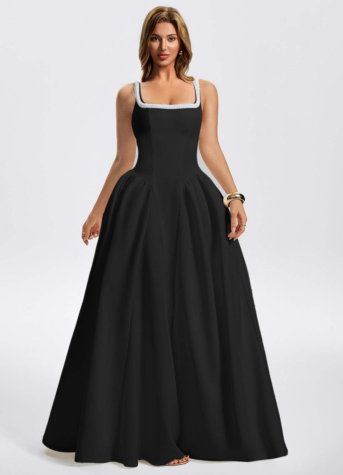 Kaelin A-Line Square-Neck Stretch Knit Evening Dress in Black
