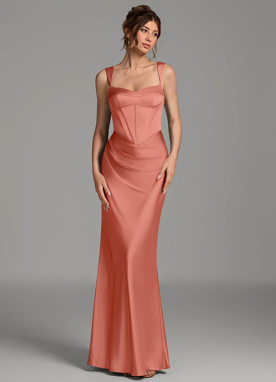 Mela Sheath Sweetheart Stretch Satin Bridesmaid Dress in Salmon Pink