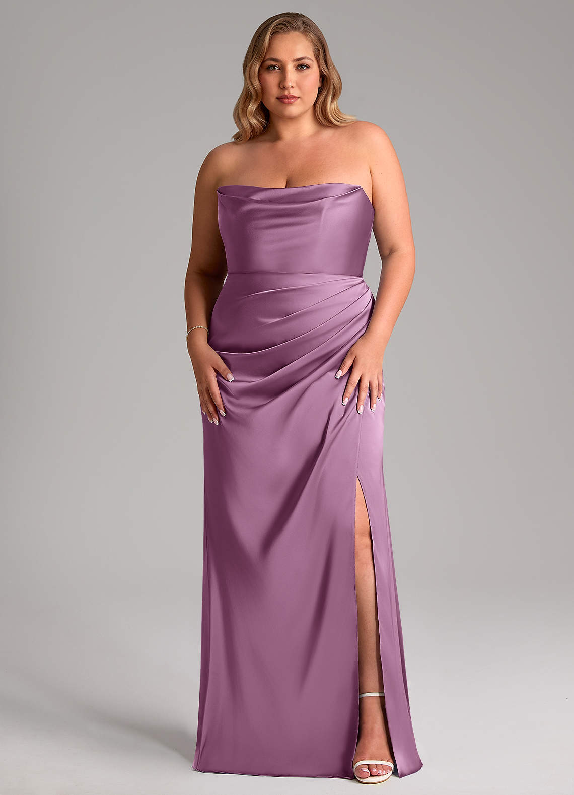 Leonis Mermaid Cowl-Neck Stretch Satin Bridesmaid Dress in Wisteria