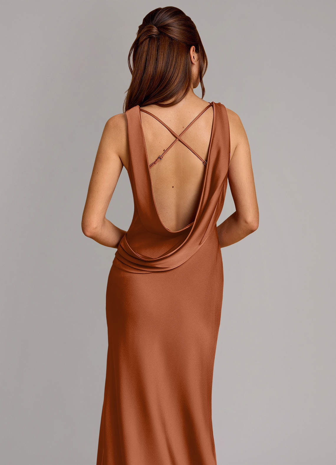 Cheryl Mermaid Cowl-Neck Stretch Satin Bridesmaid Dress in Copper