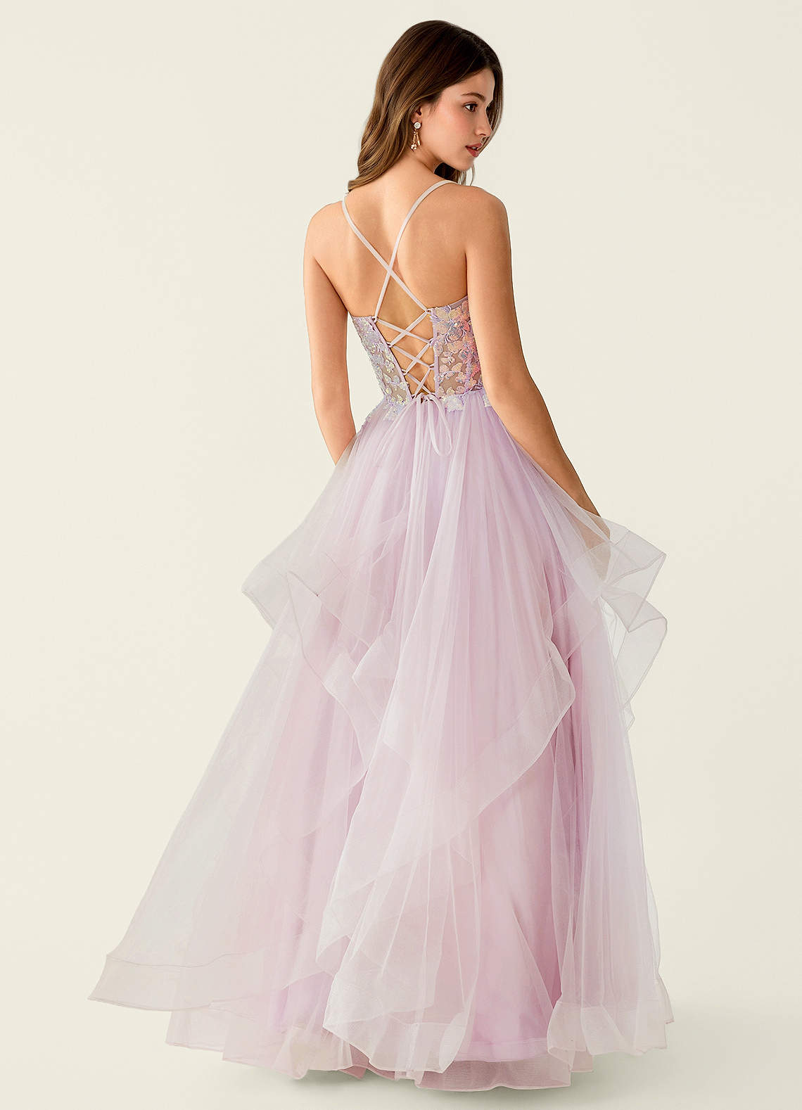 Mosaic A-Line V-Neck Tulle Evening Dress in pink