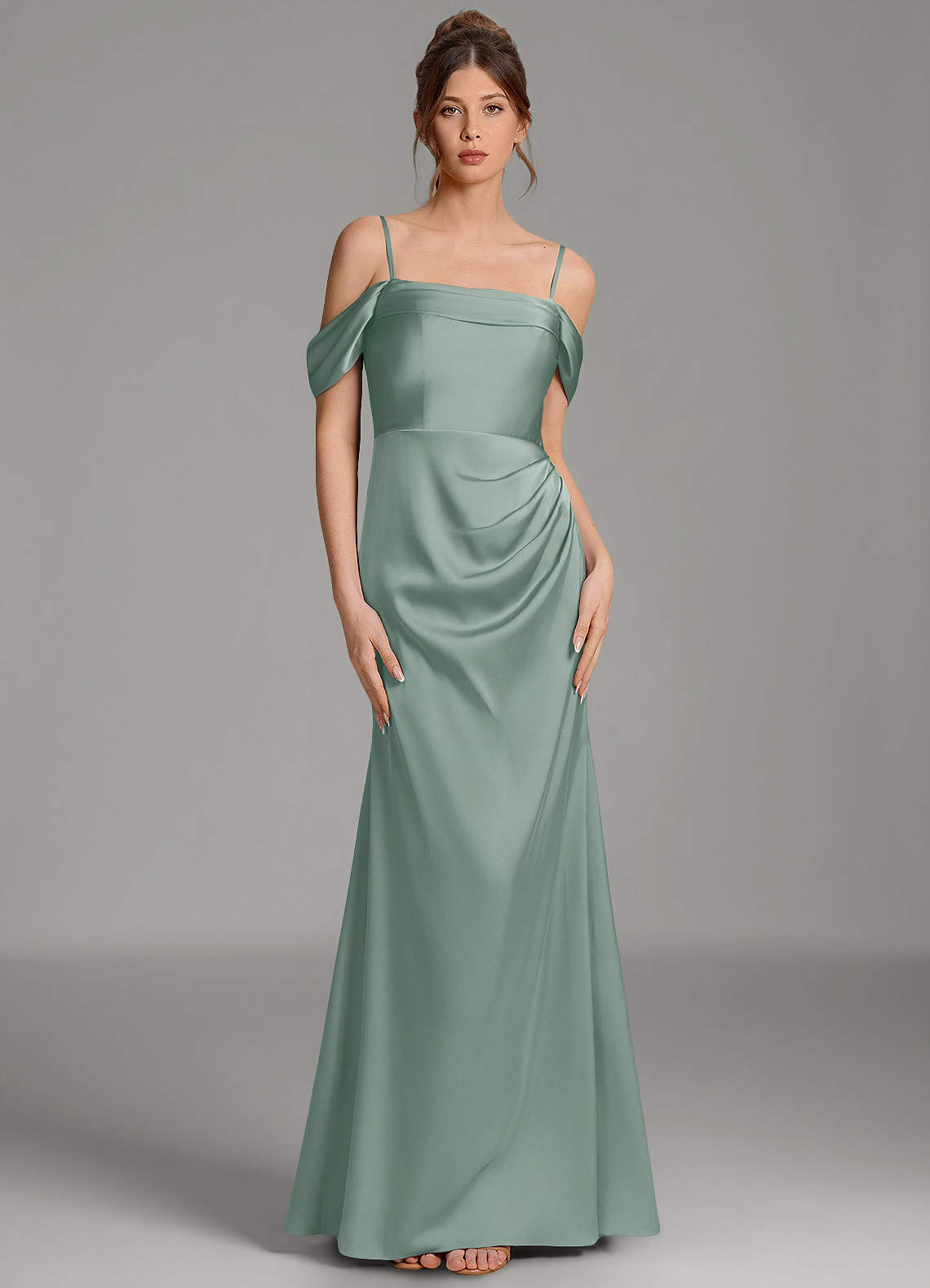 Wyatt Mermaid Off-the-Shoulder Stretch Satin Bridesmaid Dress in Silver Sage