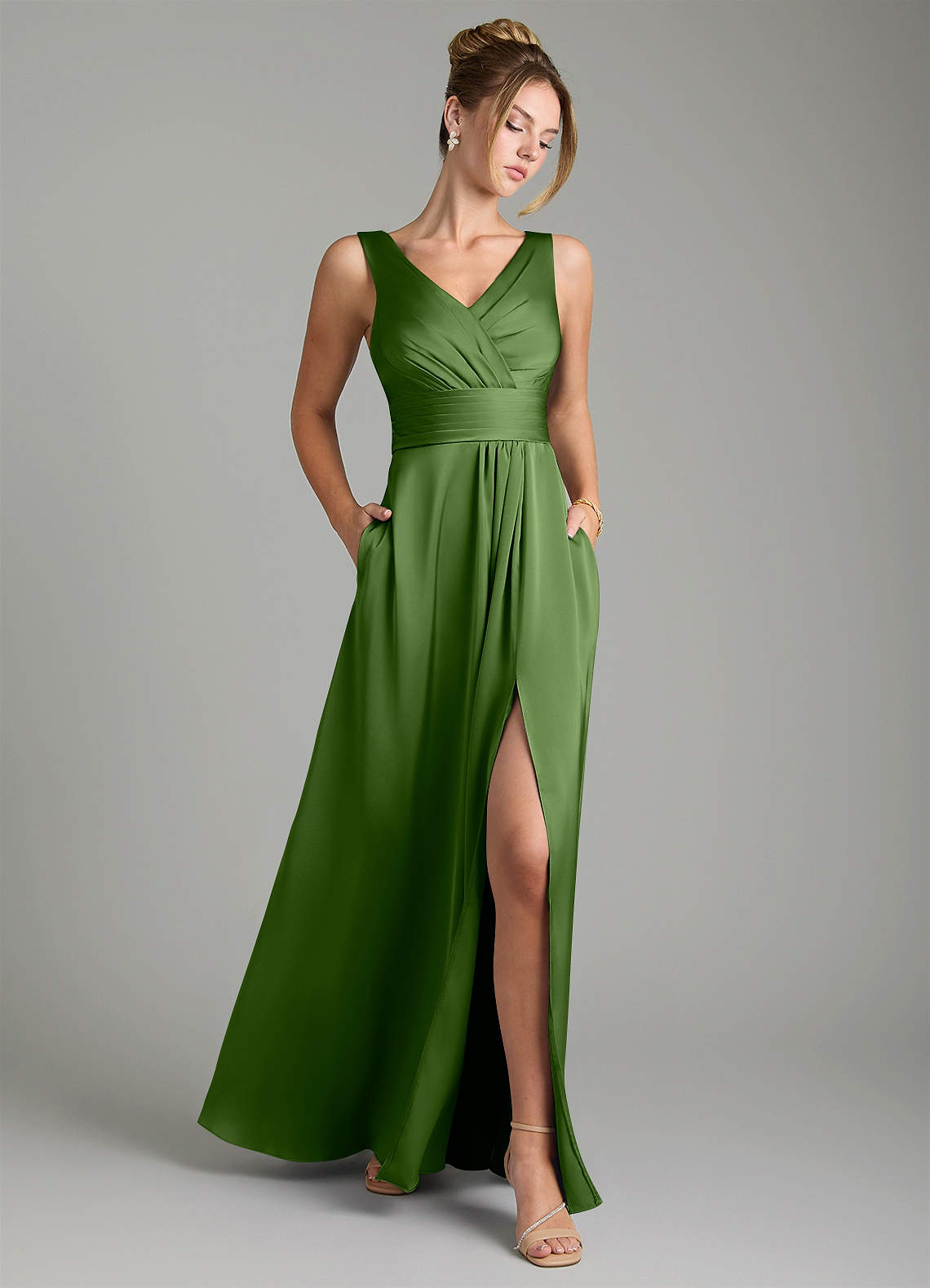 Karina A-Line V-Neck Stretch Satin Bridesmaid Dress in Basil