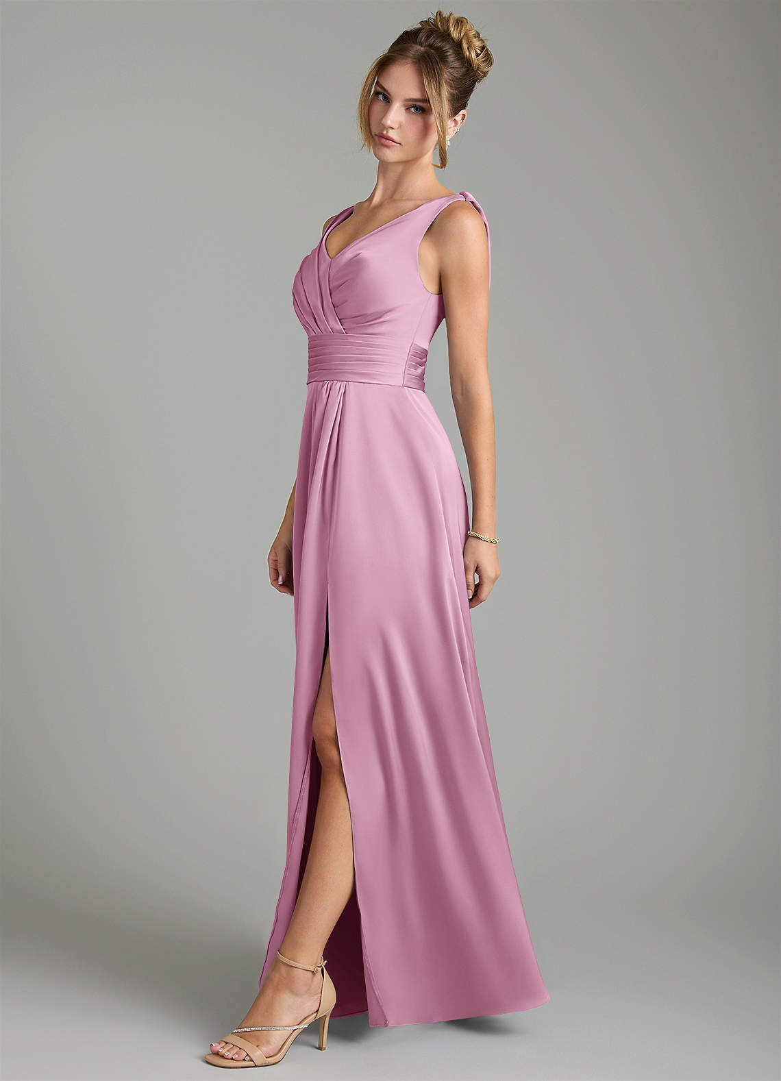 Karina A-Line V-Neck Stretch Satin Bridesmaid Dress in candy pink