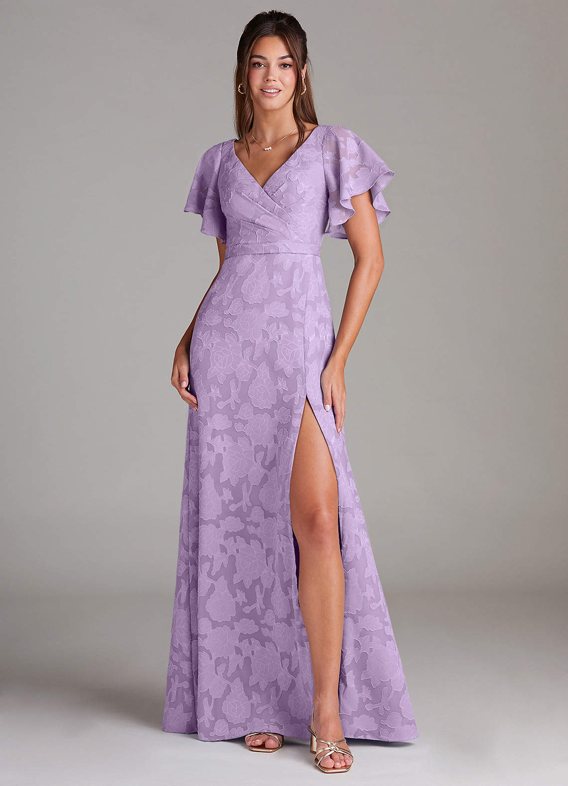 Ambrosia A-Line V-Neck Floral Burnout Bridesmaid Dress in Lilac