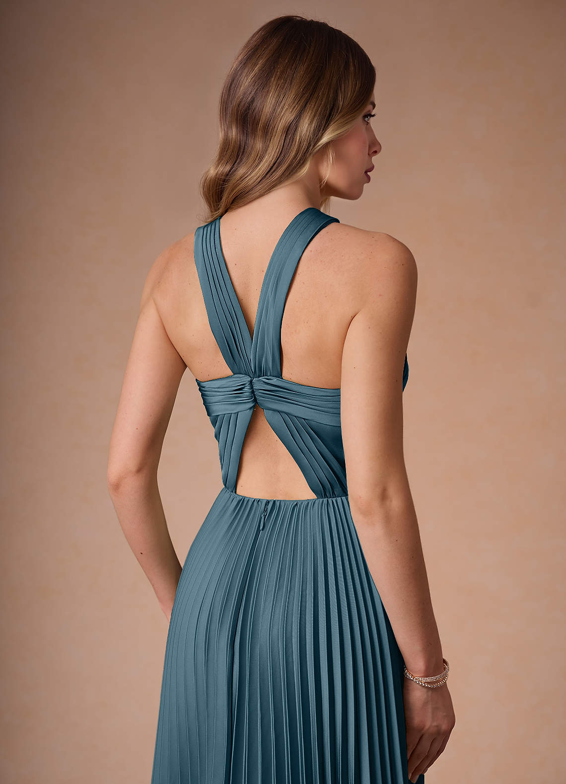 Afra A-Line Pleated Stretch Satin Wedding Guest Dress in Azure Blue