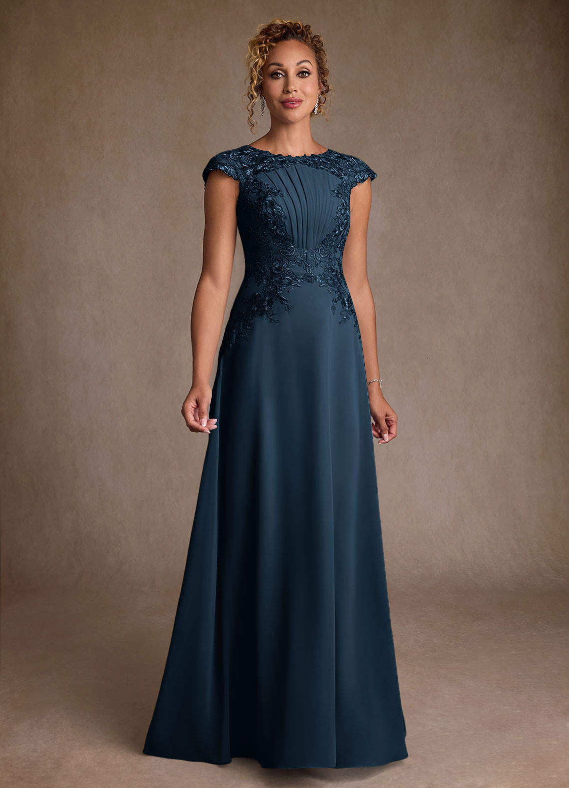 Christi A-Line Scoop-Neck Chiffon and Lace Mother of the Bride Dress in Dark Navy