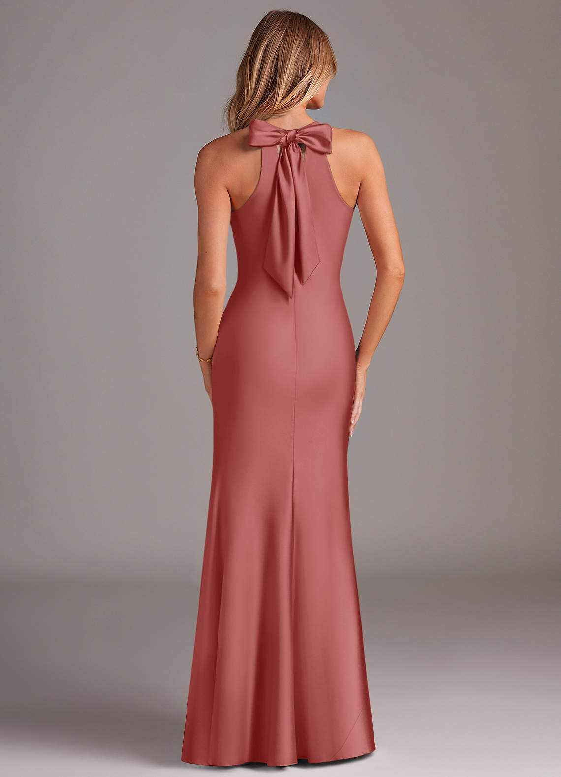 Doretta Mermaid Halter Stretch Satin Bridesmaid Dress in Antique Rose