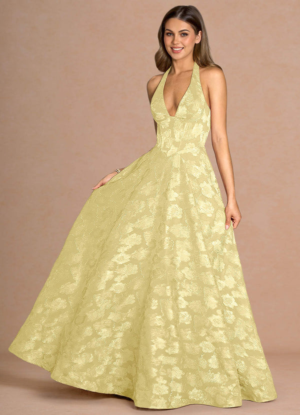 Isabeau A-Line V-Neck Fil Coupé Evening Dress in Lemon Sorbet