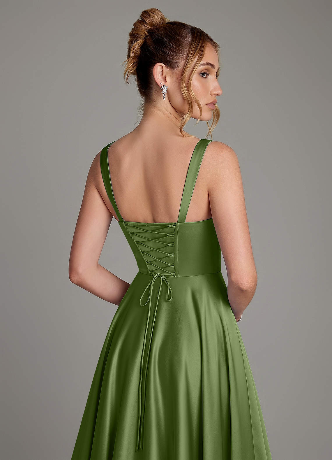 Azaria A-Line Square-Neck Stretch Satin Bridesmaid Dress in Juniper