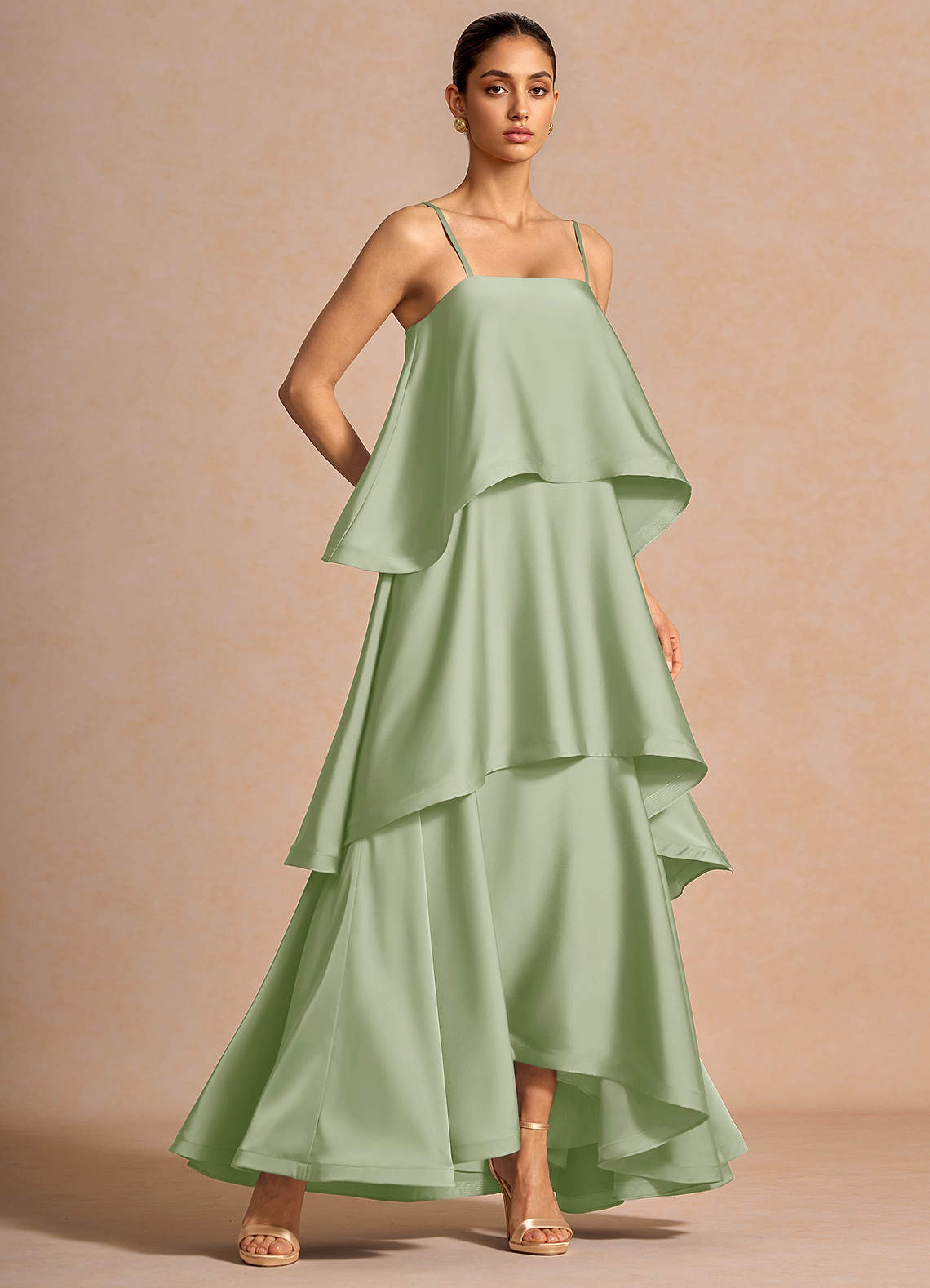 Itasca A-Line Tiered Stretch Satin Wedding Guest Dress in Lemon Green