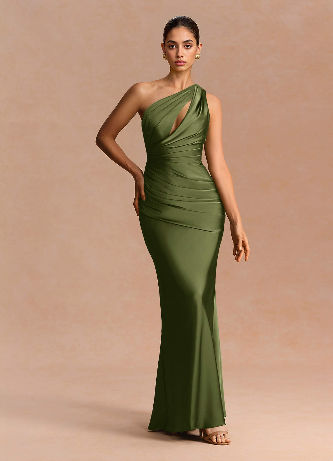 Guinevere One-Shoulder Cutout Stretch Satin Evening Dress in Olive