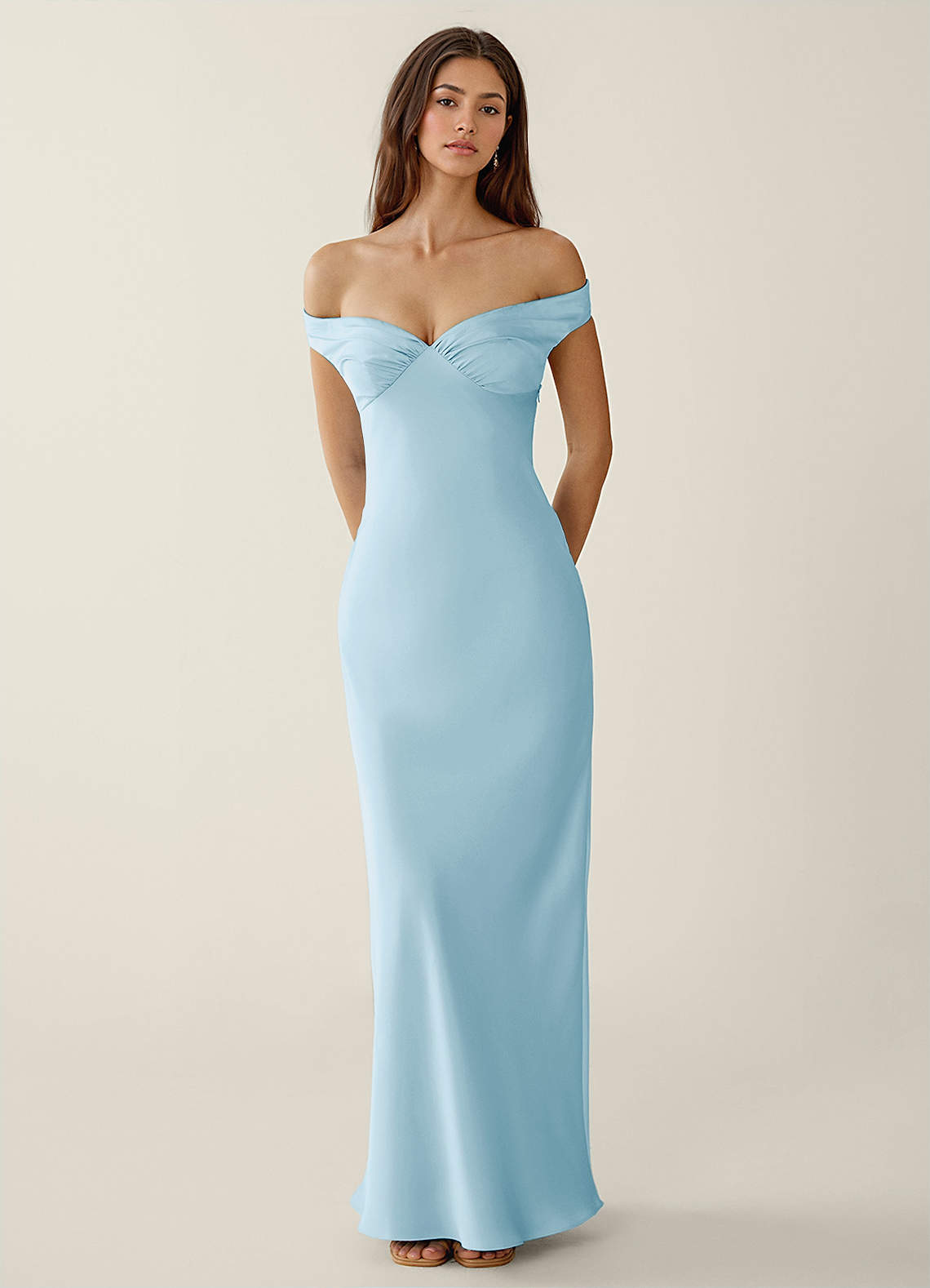 Gwendonme Sheath Off-the-Shoulder Satin Crystal Linen Evening Dress in Sky Blue