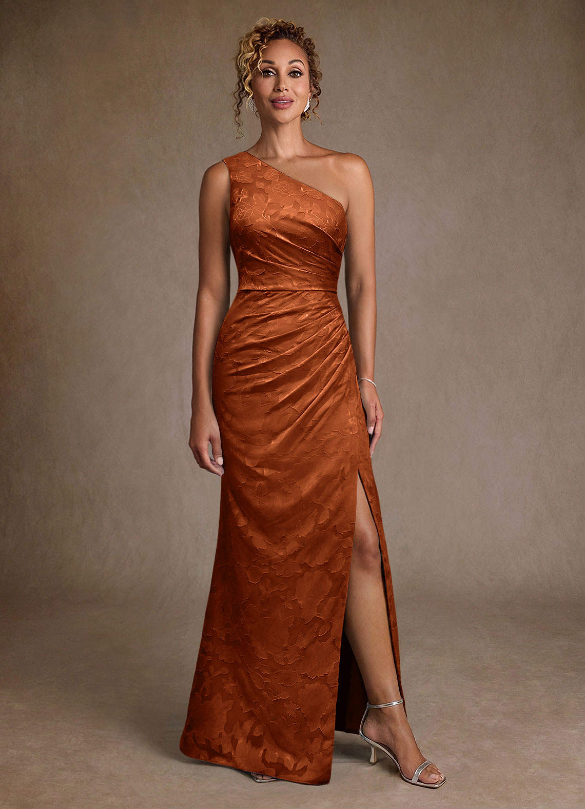 Joylin Trumpet One-Shoulder Floral Burnout Mother of the Bride Dress in Burnt Orange