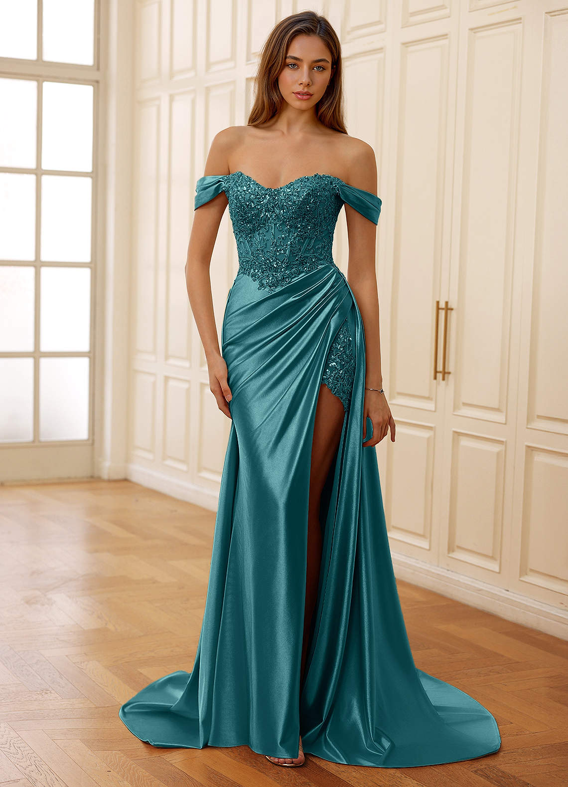 Rowane A-Line Off-the-Shoulder Satin Evening Dress in Peacock Blue