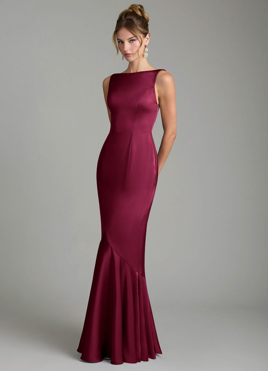 Tamera Mermaid Boat-Neck Stretch Satin and Chiffon Bridesmaid Dress in Burgundy