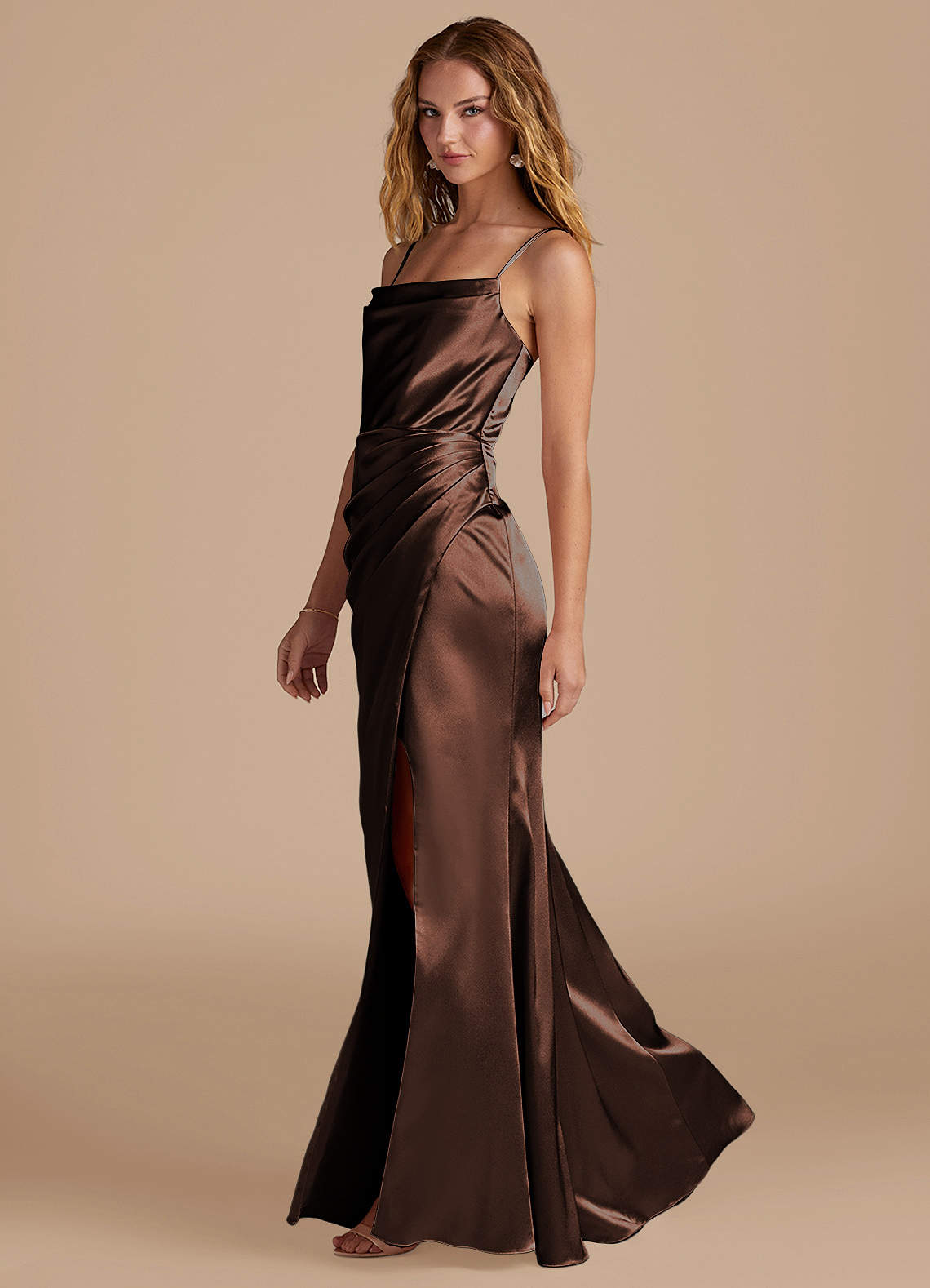Marzia Mermaid Square-Neck Metallic Satin Bridesmaid Dress in Ganache