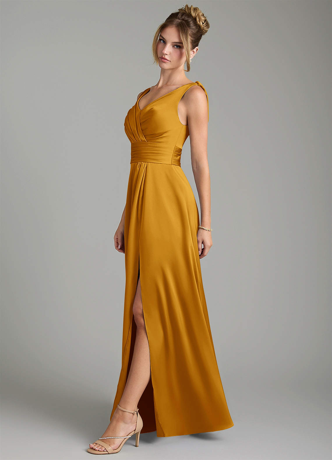 Karina A-Line V-Neck Stretch Satin Bridesmaid Dress in butterscotch