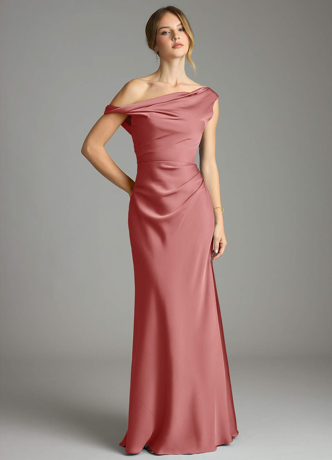 Emerson Mermaid One-Shoulder Stretch Satin Bridesmaid Dress in Antique Rose