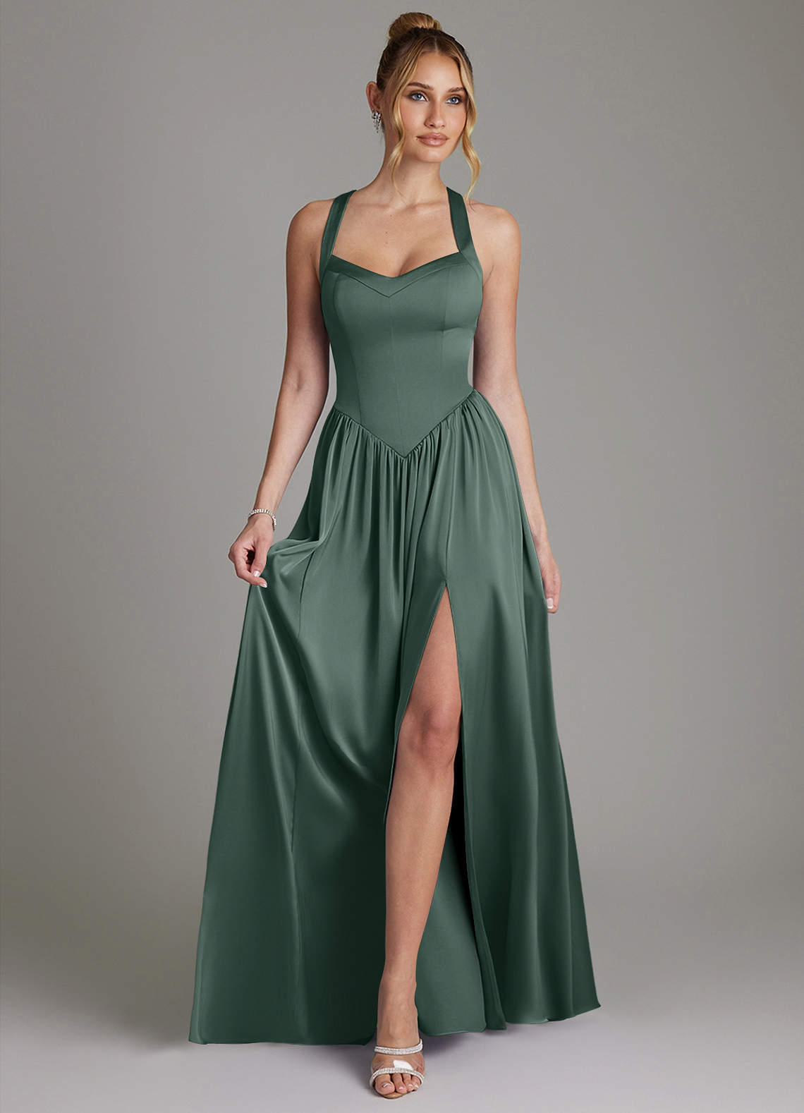 Francis A-Line V-Neck Stretch Satin Bridesmaid Dress in Sea Moss