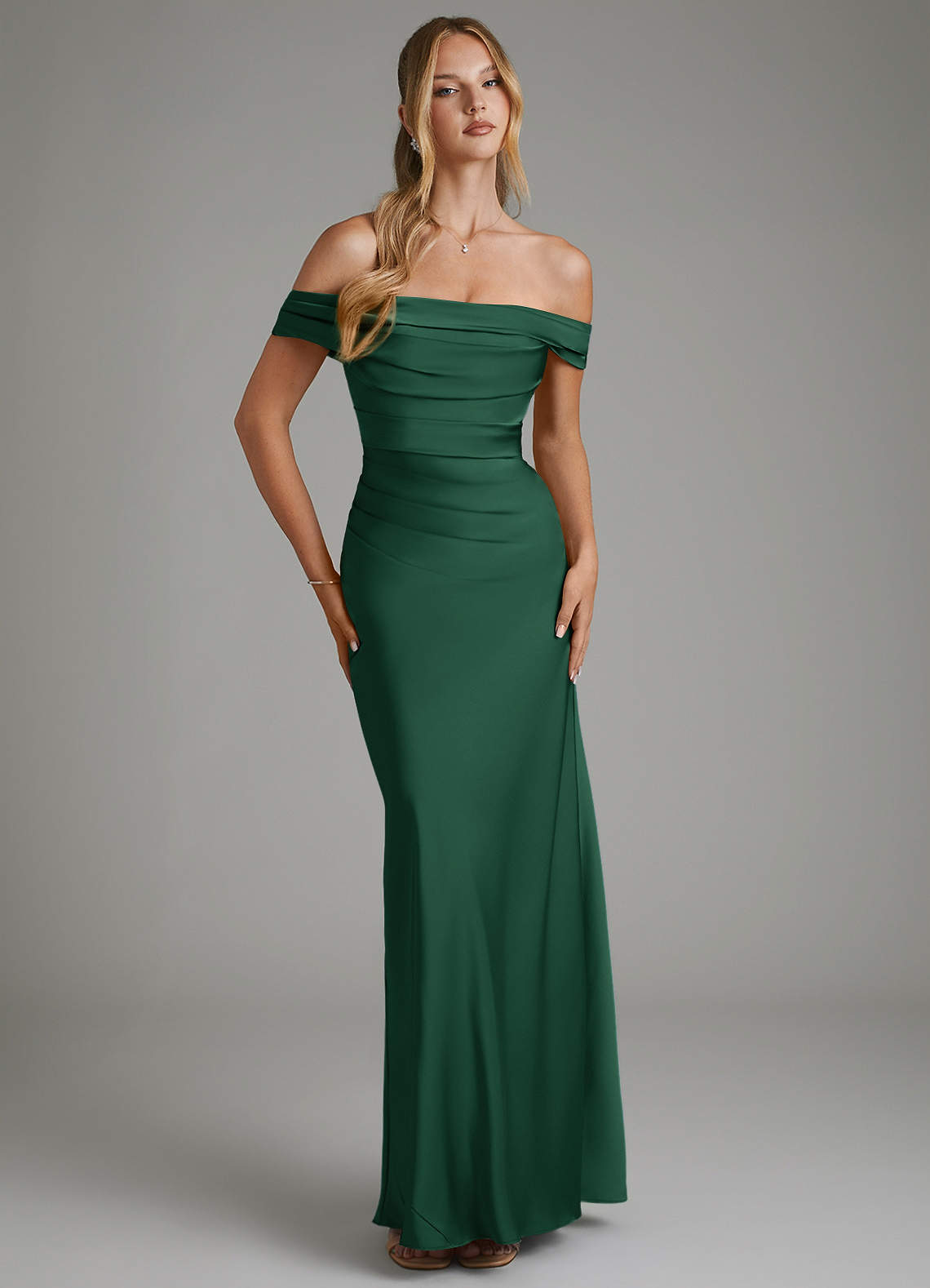 Hayden Mermaid Off-the-Shoulder Stretch Satin Bridesmaid Dress in Dark Green
