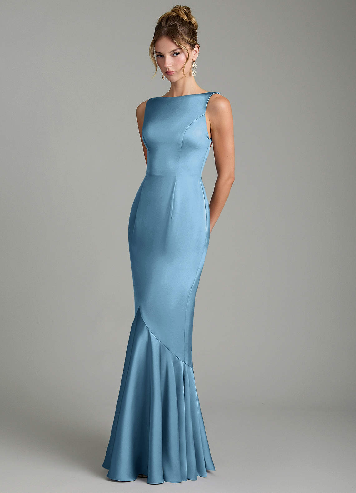Tamera Mermaid Boat-Neck Stretch Satin and Chiffon Bridesmaid Dress in Steel Blue
