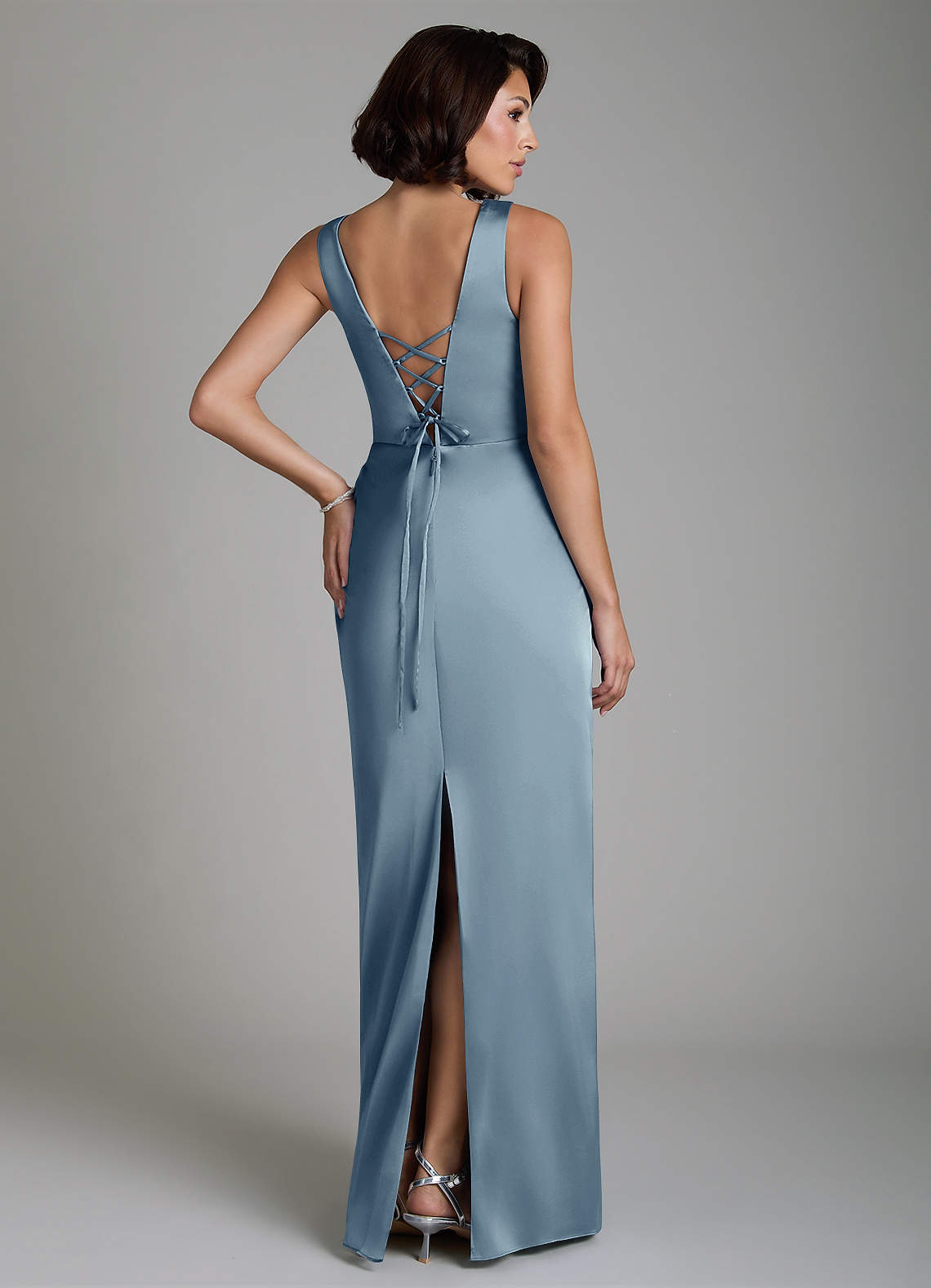 Vanya Sheath V-Neck Stretch Satin Bridesmaid Dress in dusty blue