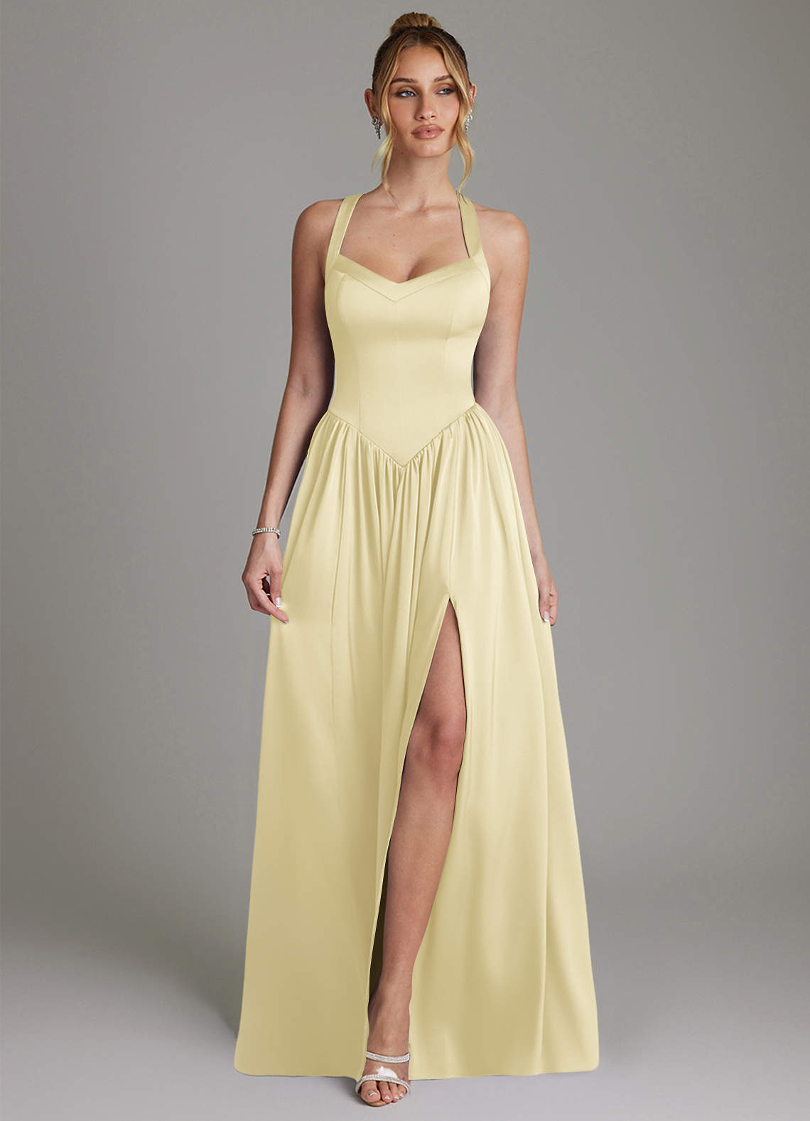 Francis A-Line V-Neck Stretch Satin Bridesmaid Dress in Lemon Sorbet