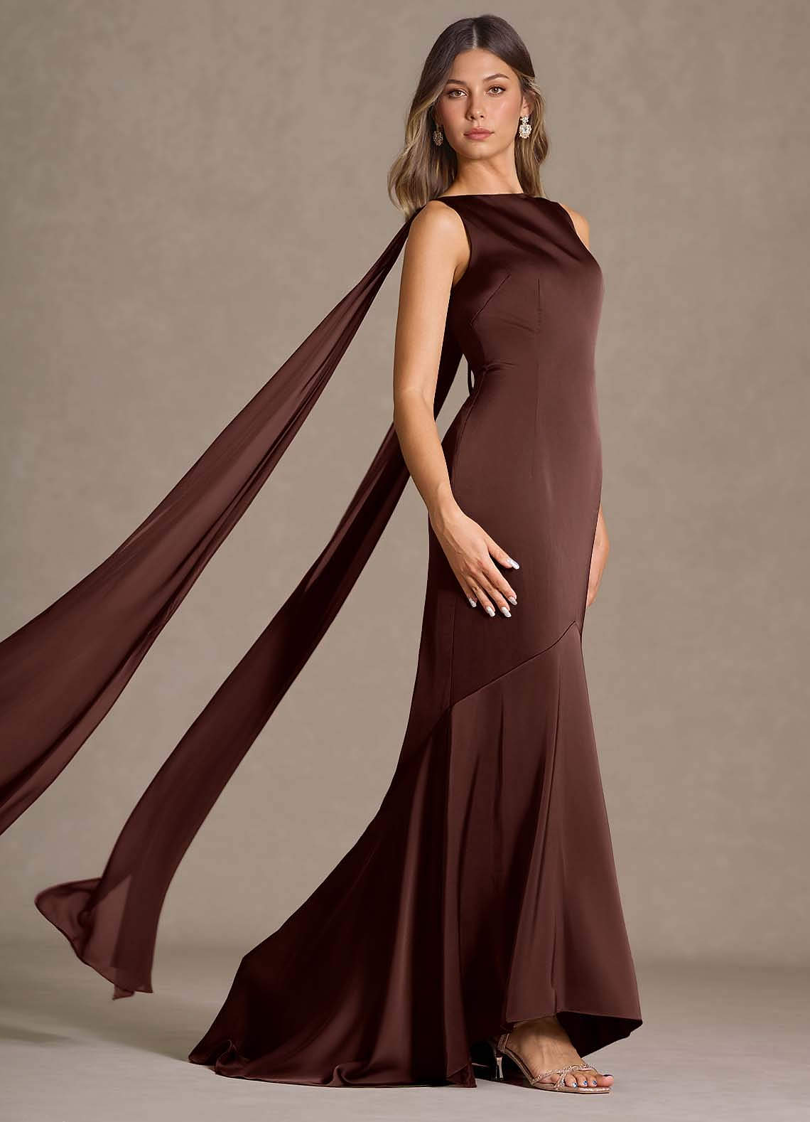 Wynne Mermaid Shoulder-Scarf Stretch Satin Evening Dress in Mocha Coco