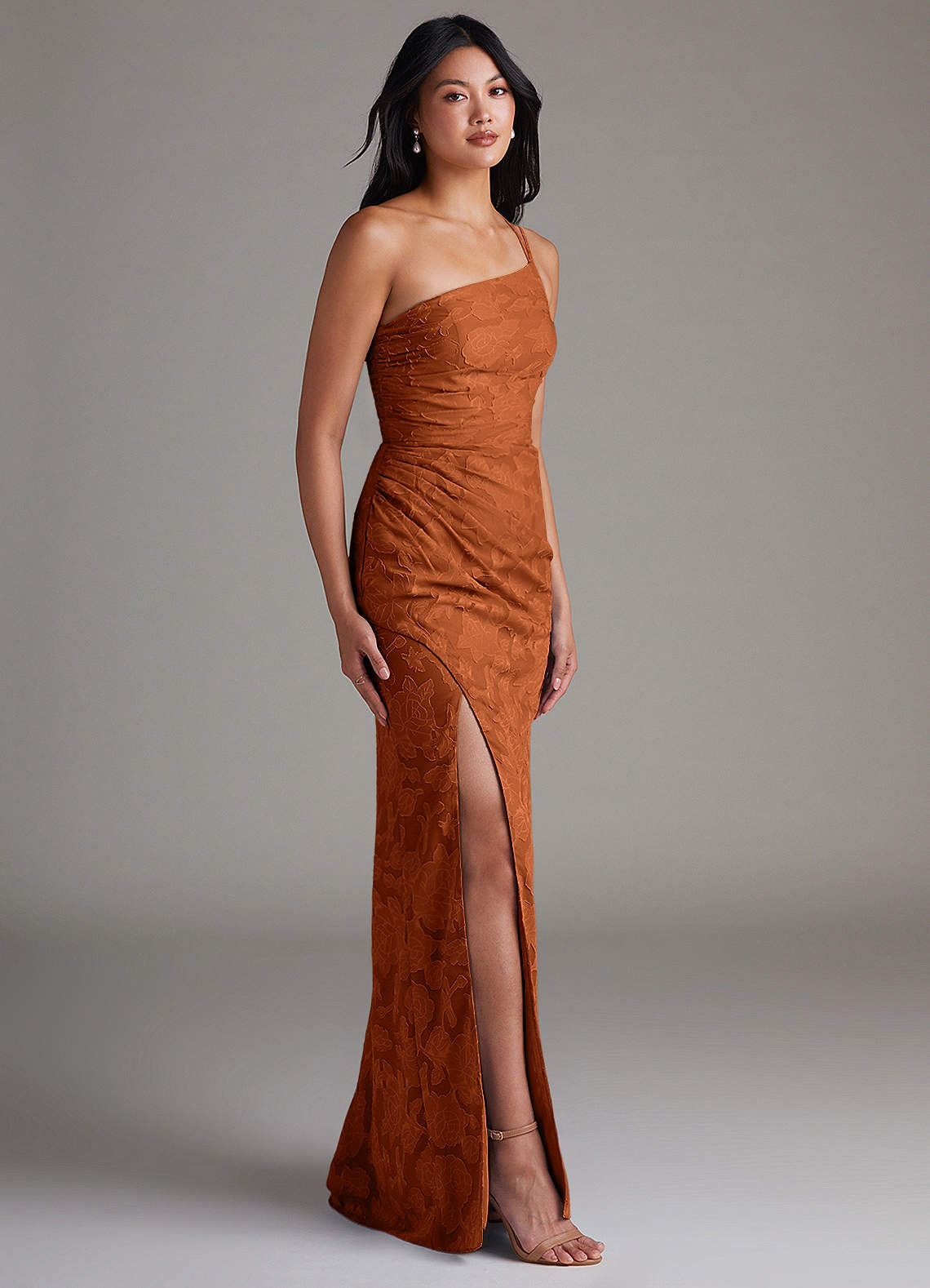 Eren Sheath One-Shoulder Floral Burnout Bridesmaid Dress in Burnt Orange