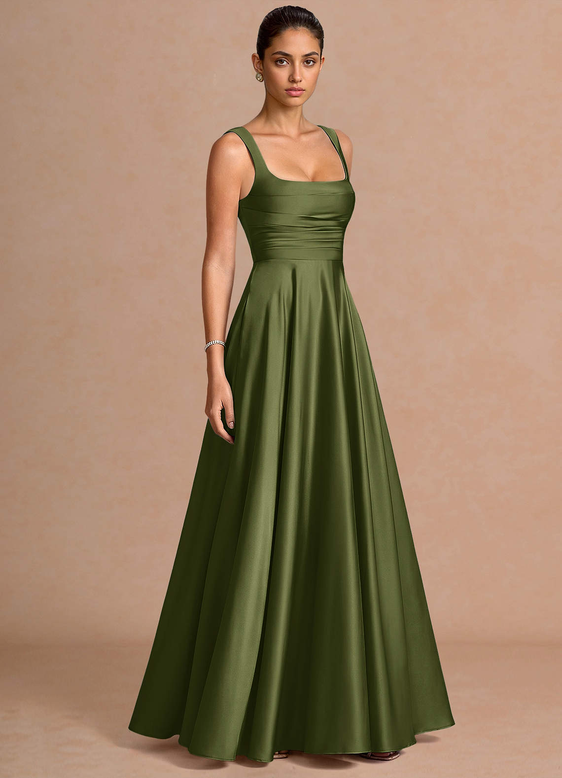 Azaria A-Line Square-Neck Stretch Satin Wedding Guest Dress in Olive