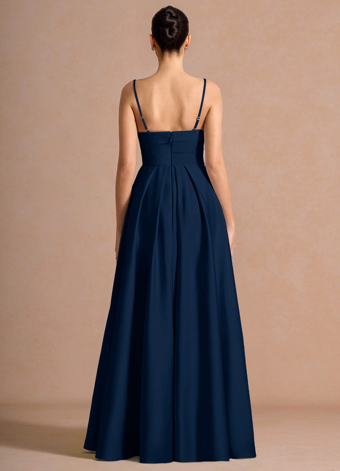 Nancy A-Line V-Neck Stretch Satin and Chiffon Evening Dress in Navy