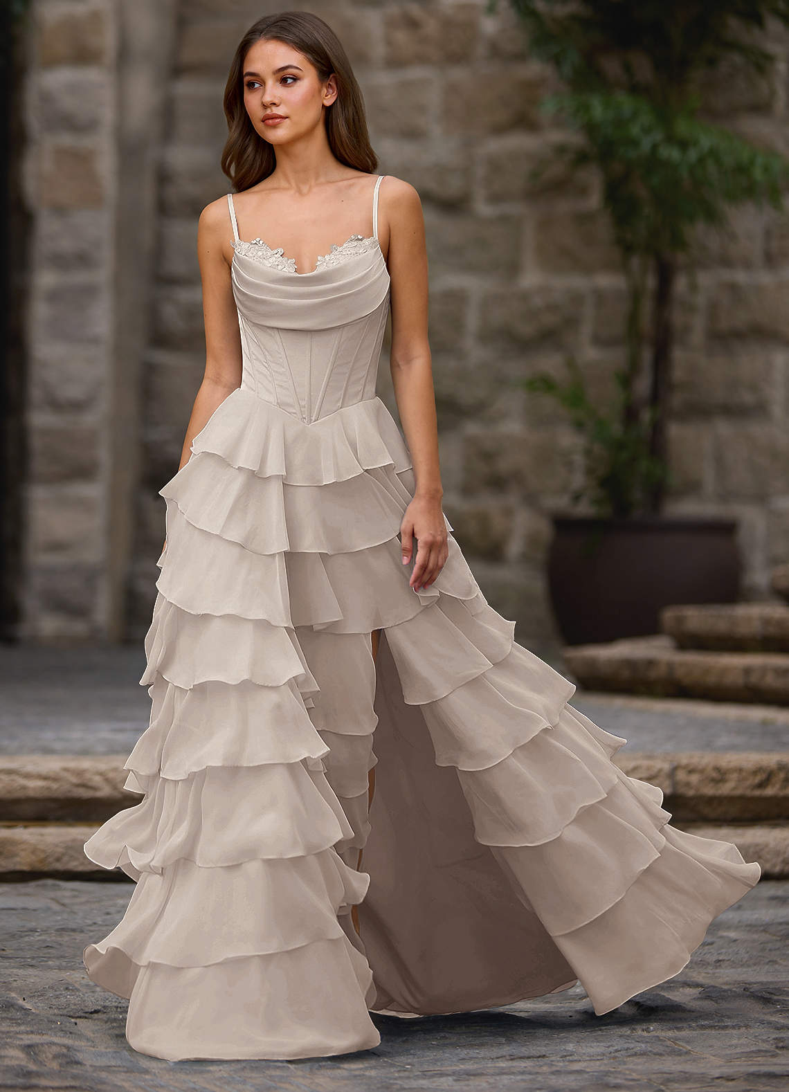 Floralace A-Line Ruffle Chiffon Evening Dress in Vanilla