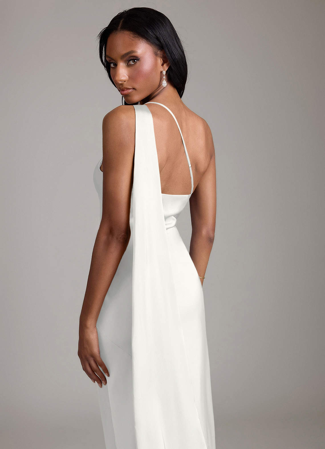 Juniper Mermaid One-Shoulder Stretch Satin Bridesmaid Dress in white