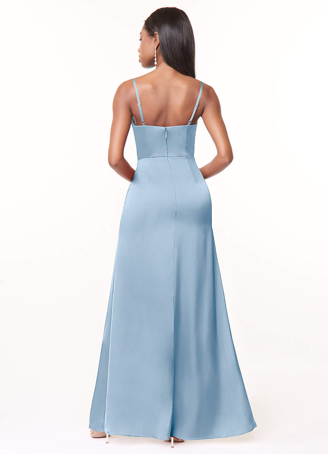 Maci A-Line V-Neck Stretch Satin Bridesmaid Dress in Powder Blue
