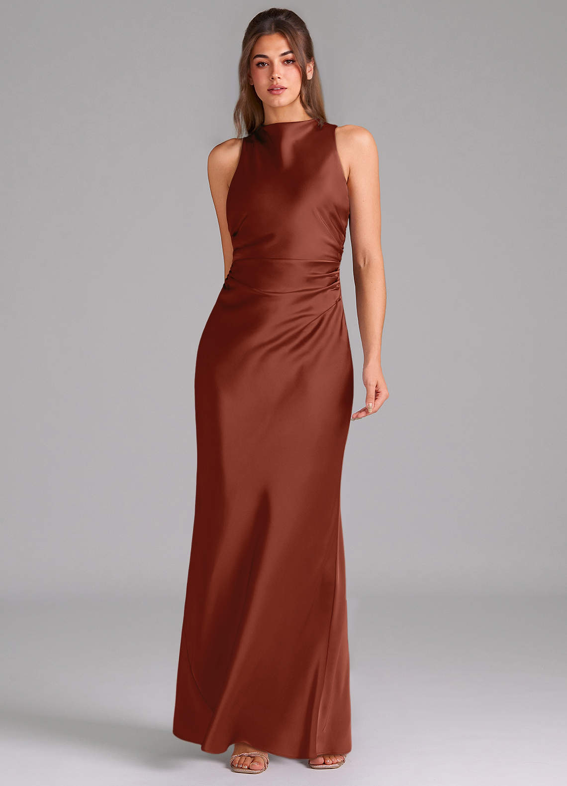Evadne Sheath Scoop-Neck Stretch Satin Bridesmaid Dress in Auburn