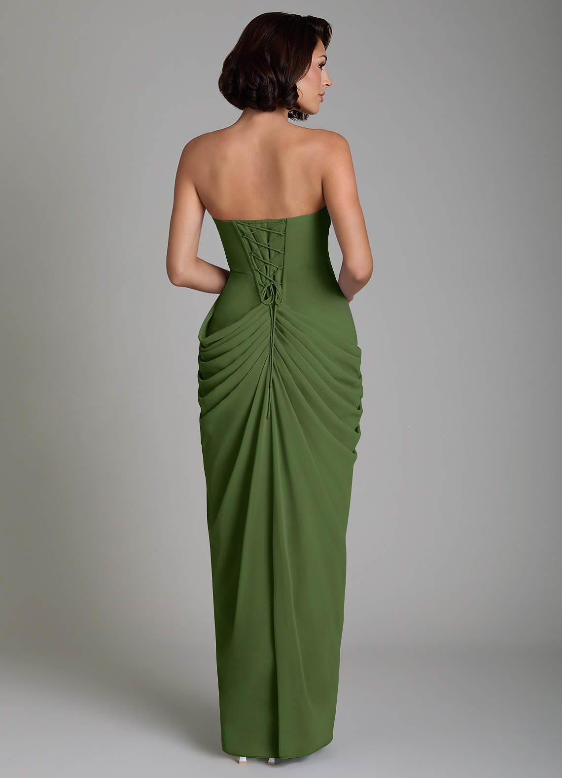 Nyra Sheath Strapless Chiffon Bridesmaid Dress in Olive