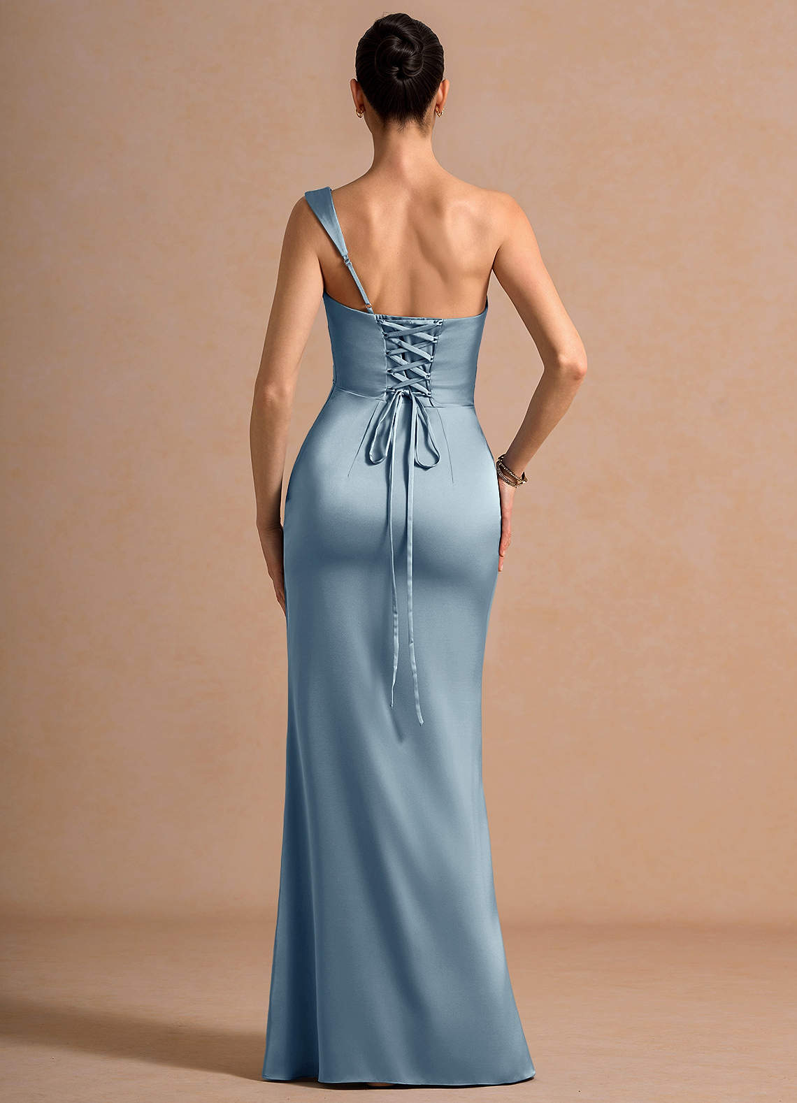 Cassiopeia One-Shoulder Draped Stretch Satin Evening Dress in Powder Blue