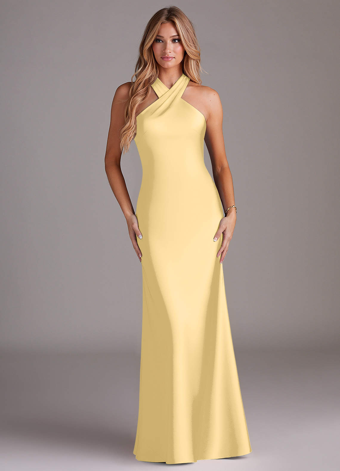 Doretta Mermaid Halter Stretch Satin Bridesmaid Dress in Butter