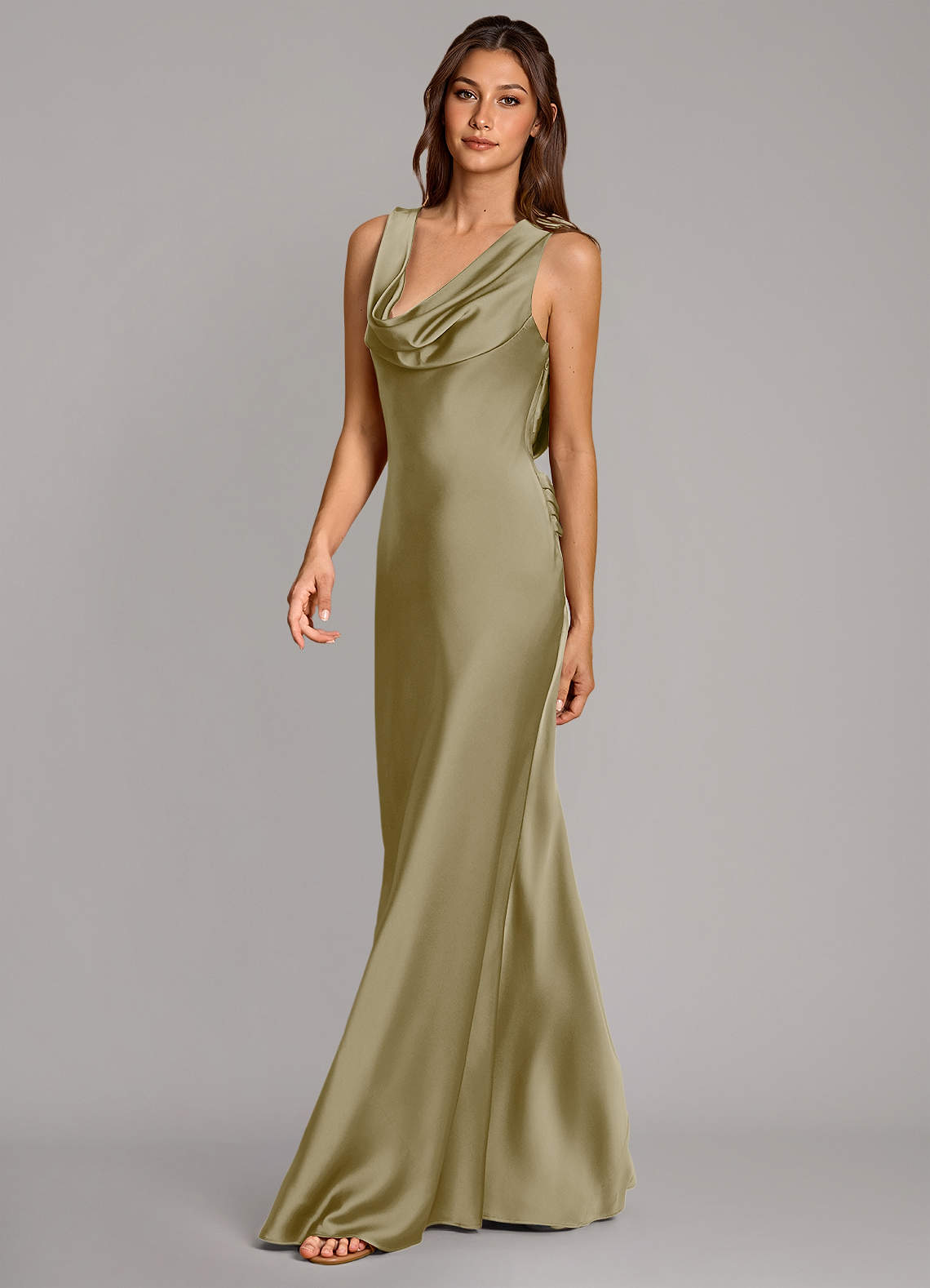 Cheryl Mermaid Cowl-Neck Stretch Satin Bridesmaid Dress in Moss Green