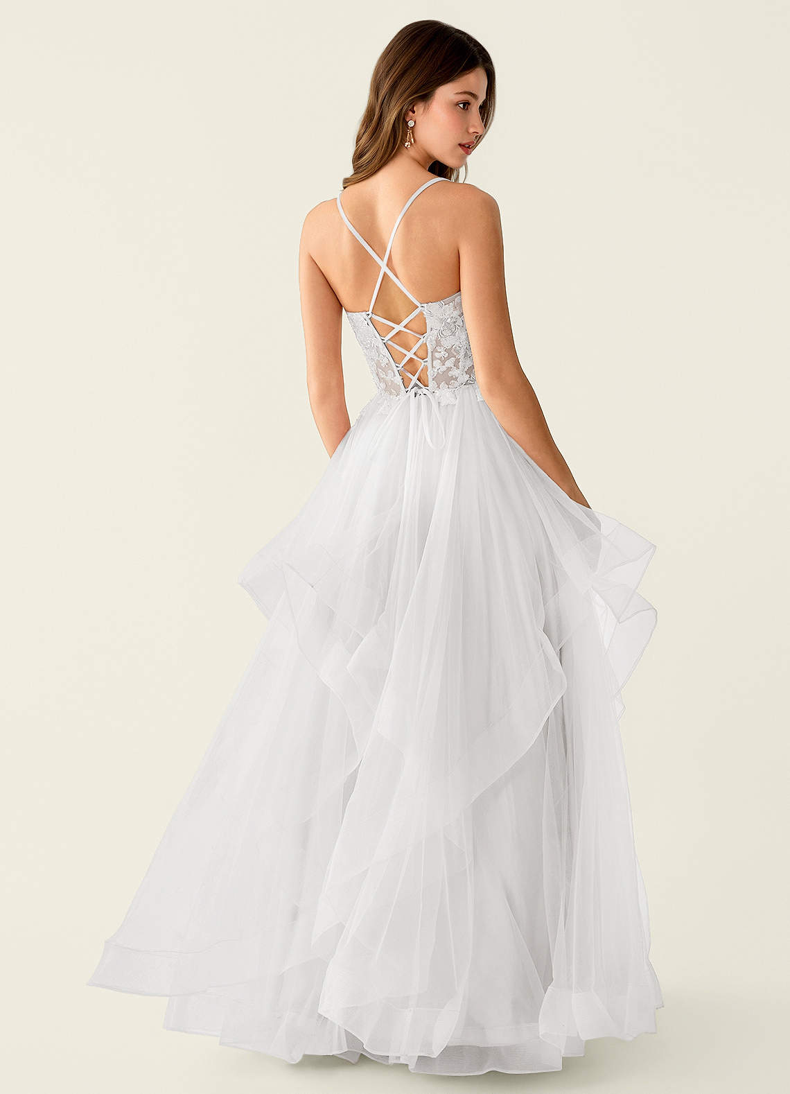 Mosaic A-Line V-Neck Tulle Evening Dress in white