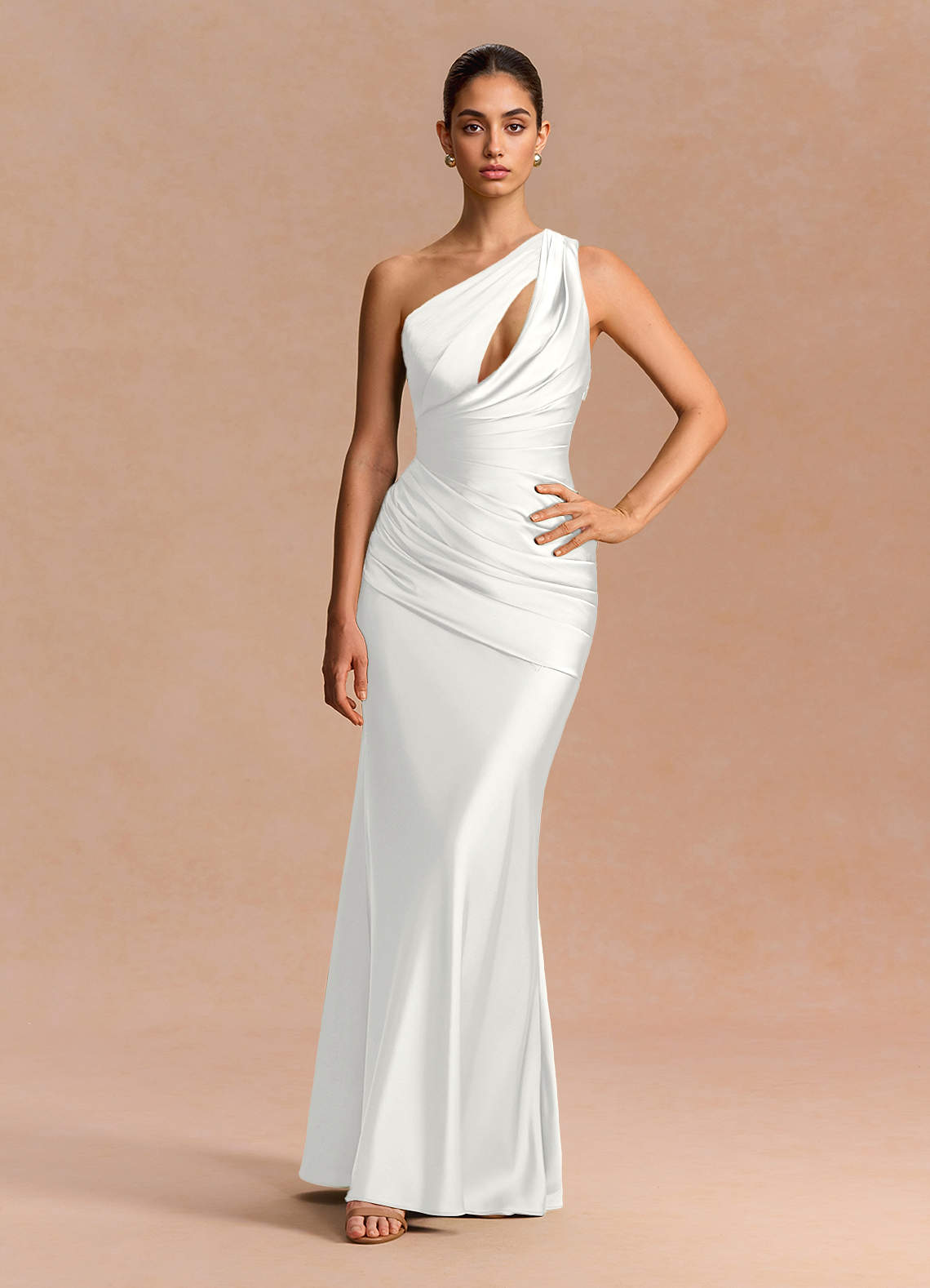 Guinevere One-Shoulder Cutout Stretch Satin Evening Dress in White